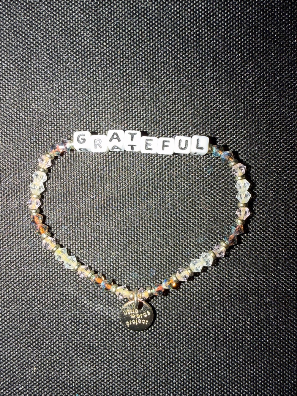 Grateful Little Words Project Crystal Bead Bracelet - White Lettering - Size S/M